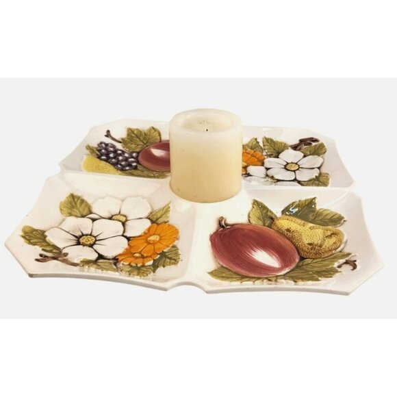 Lefton Serving Platter Ceramic Divided Serving Tray With Fruit & Floral Design - Picture 2 of 9